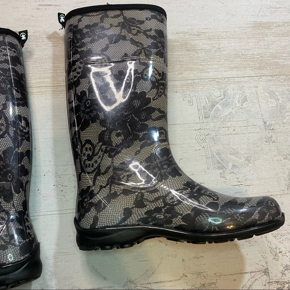 Kamik Black and White Lace Print Rain Boots